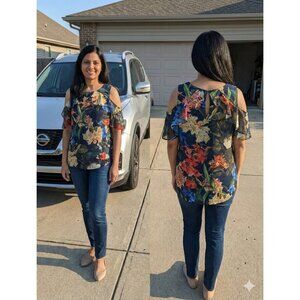 Gibson Latimer Floral Cold Shoulder Blouse M Blue Tropical Flutter Sleeve